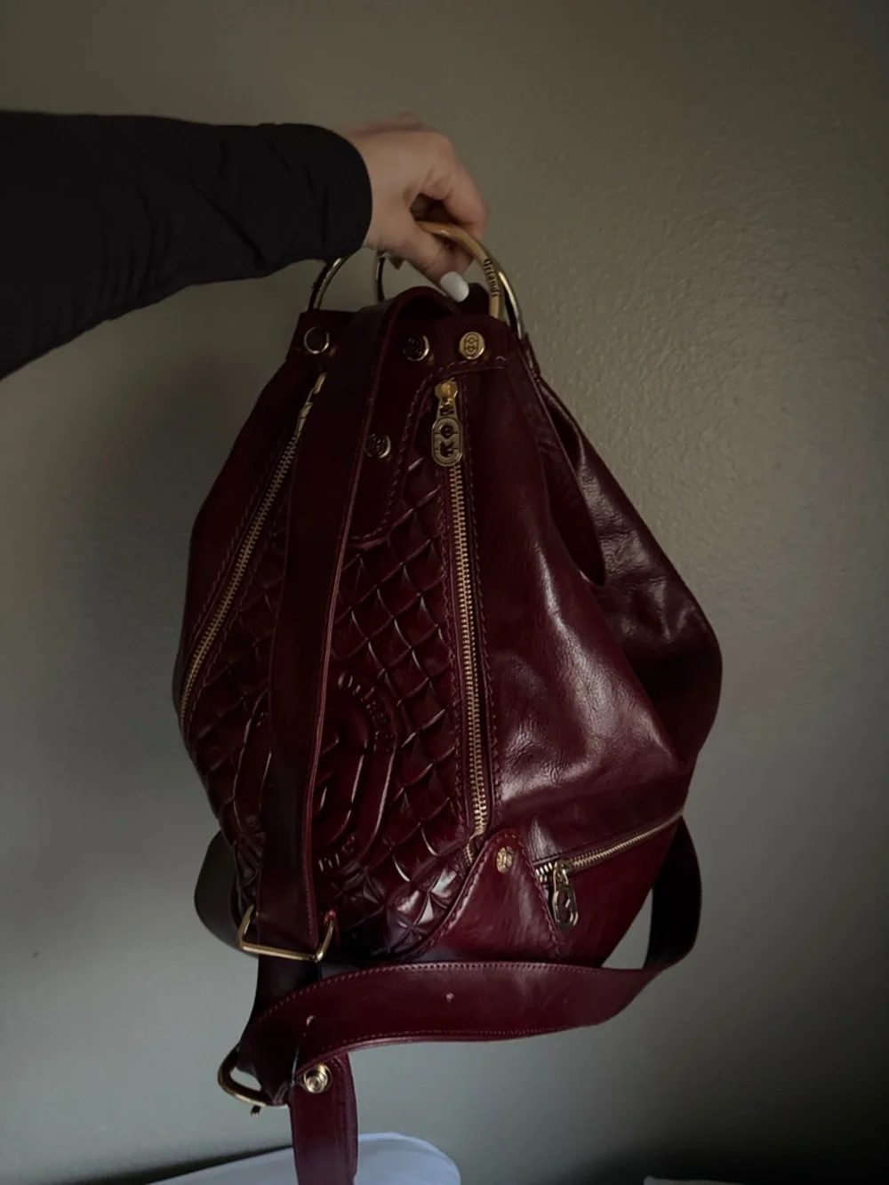 Women's Burgundy Leather Backpack Tote with Quilted Front - Picture 2 of 3